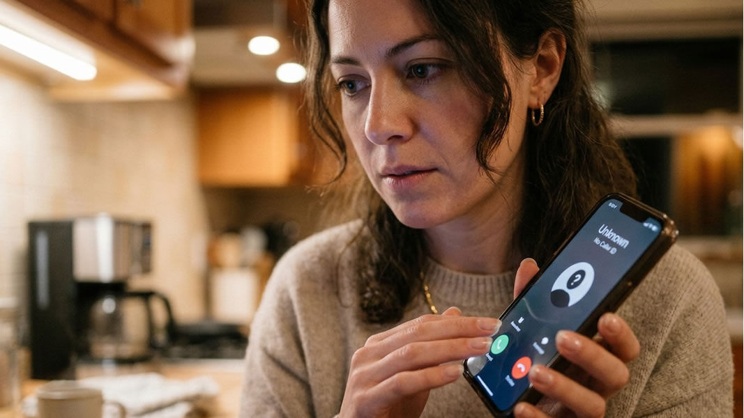 Picture of concerned woman holding a mobile phone with incoming call from an unknown person