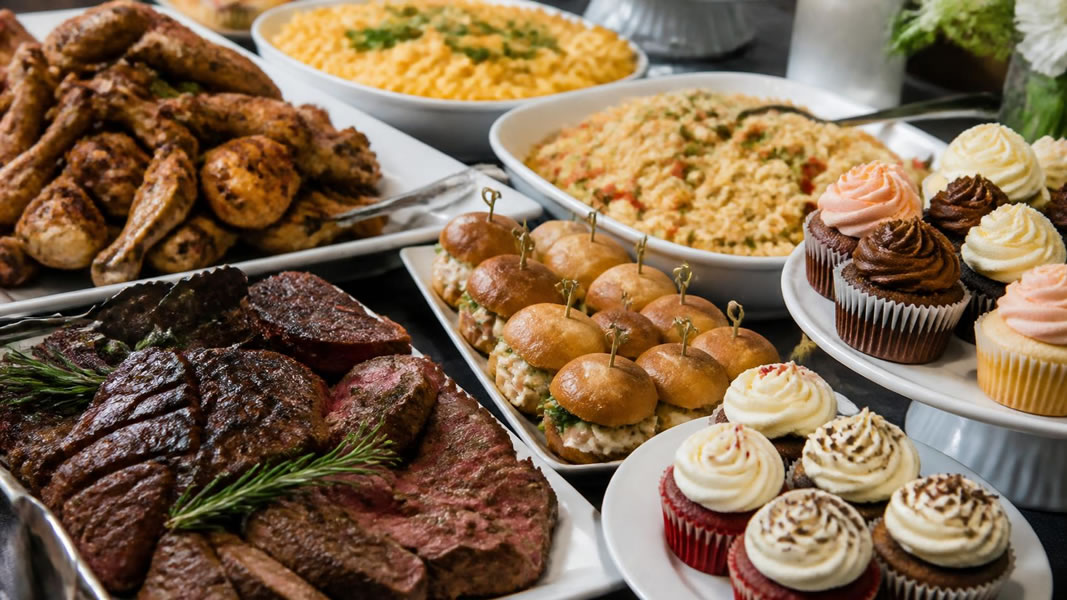 Photo of a family sitting on a checkered picnic cloth and sharing various food items with each other